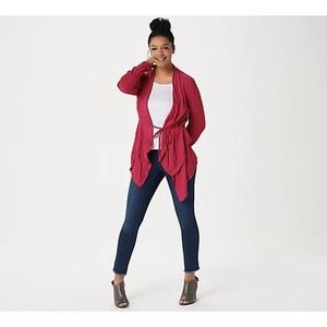 LOGO Lori Goldstein Jacquard red Cardigan Tie Waist A347487 Size L New